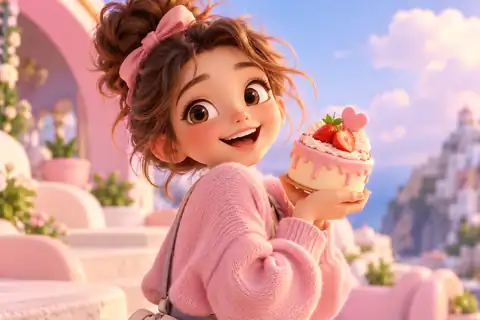 Expressive little animated character holding a dessert on a pastel background