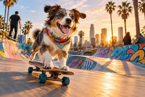 Playful dog riding a skateboard at a colorful city skatepark