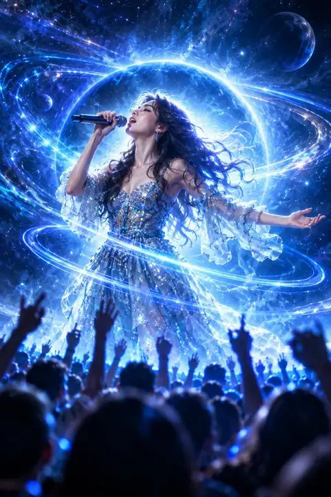 Electric blue cosmic concert poster with a singer surrounded by glowing light