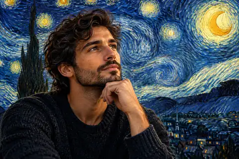 Thoughtful man's portrait set against swirling starry-night brushstrokes