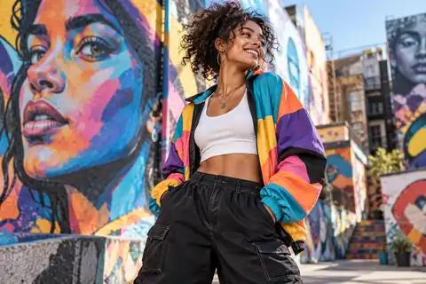 Colorful streetwear fashion photograph in front of vibrant urban murals
