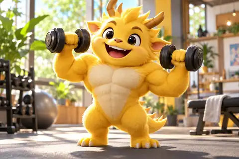 Cheerful muscular yellow fantasy mascot lifting small dumbbells