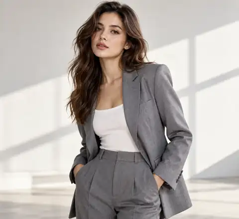 Fashion portrait of a woman wearing a tailored gray suit in a bright studio
