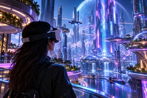 Immersive virtual-reality headset in a futuristic blue and purple city