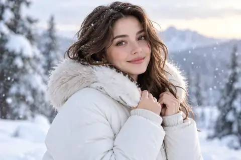 Woman wearing a white winter jacket against a softly falling snow backdrop