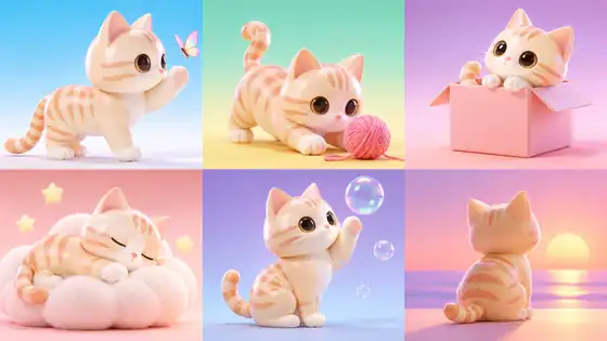 A series of playful cat illustrations in coordinated styles