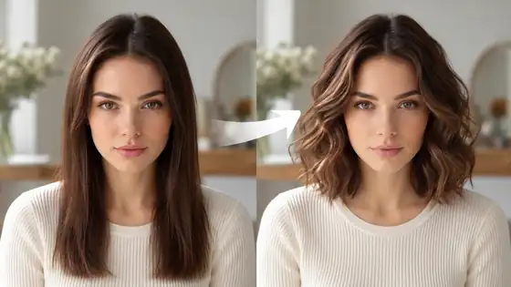 Before-and-after portraits showing a hairstyle change