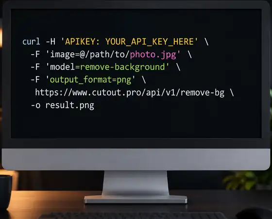 Desktop monitor displaying an example image-processing API request