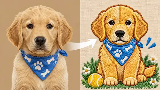 Golden puppy transformed into colorful embroidery artwork