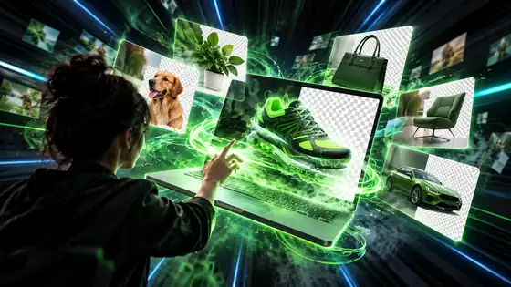 Green running shoe in a dynamic AI-generated advertising scene