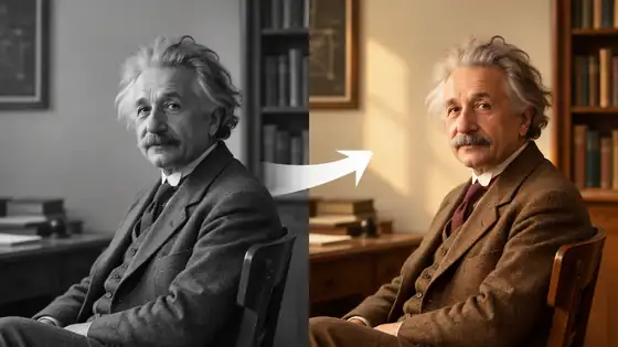 Historic black-and-white portrait beside a colorized portrait