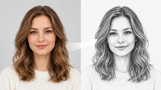 Portrait beside a finely drawn pencil-sketch version