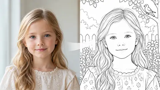 Portrait turned into a delicate black-line coloring page