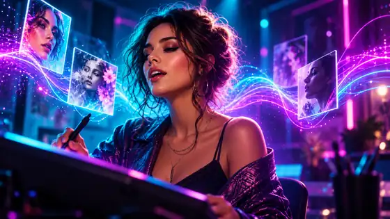 Singer surrounded by colorful neon music waves